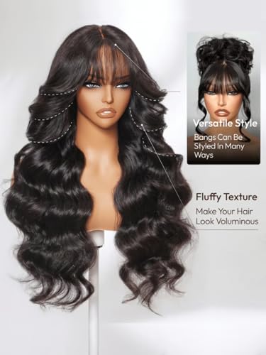 Image of UNICE Loose Wave 7x5 Lace Front Wigs Human Hair with Curtain Bangs Bye Bye Knots Glueless Human Hair Wig Pre Plucked Pre Cut Bleached Knots Put on and Go Wig for Women 180% Density 20 Inch