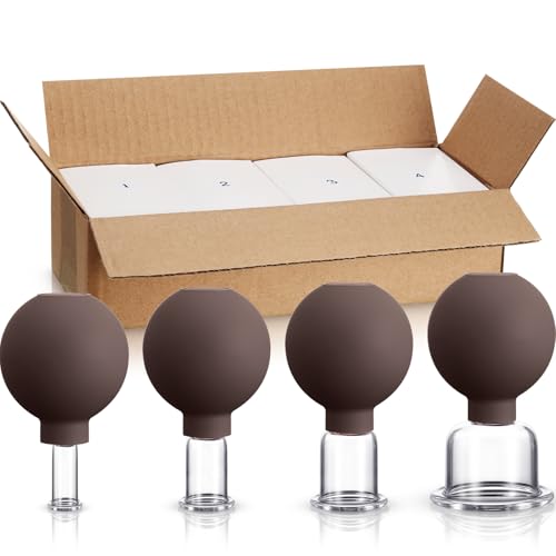 Image of BBTO 4 Pcs Glass Facial Cupping Set Silicone Vacuum Suction Massage Cups Skin Tightening Therapy for Face Body Eyes Back Shoulder Pain(Brown)