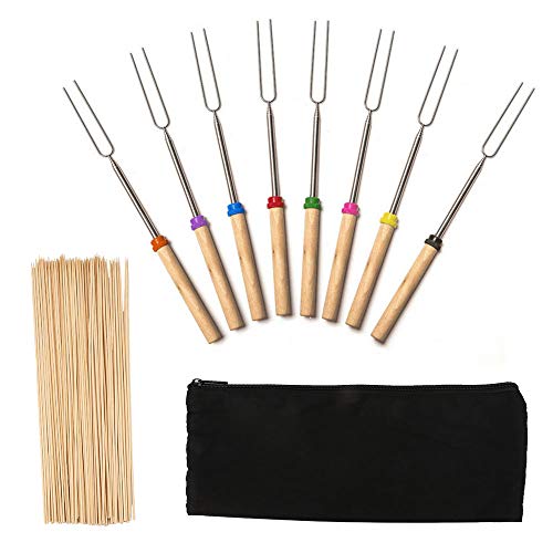 Vegena 8 Pièces Fourchette de Barbecue Télescopique, Acier Inoxydable réutilisable Brochettes Bâtons à Rôtir Guimauve, Smores Brochettes avec Poignées Résistant à la Chaleur pour Camping Barbecue