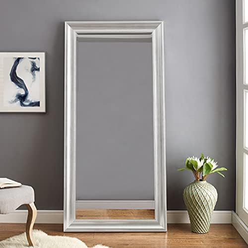 Naomi Home Beaded Framed Leaner Huge Floor Mirror Silver Floor Mirror Full Length XL Mirror Huge Mirrors for Bedroom Large Wooden Frame Oversize Mirrors for Floor XL Floor Mirror Silver, 66"x32"