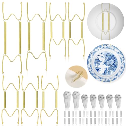 7 Pack Plate Hangers for Wall Display 6/8/10/12 Inch Invisible Stainless Steel Plate Holders with Wall Hooks Fit 5.512.5 Inch Decorative Plates Plate Display Hangers for Home Wall Decor Gold
