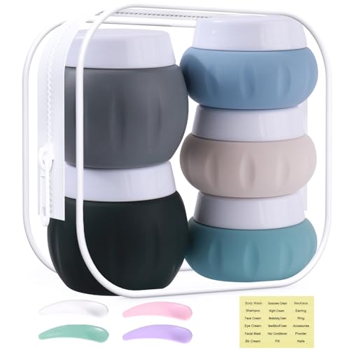 Travel Containers for Toiletries, GLAMFIELDS TSA Approved 2Pcs 1.7oz+3Pcs 1oz Travel Size Silicone Jars BPA Free, Leak-proof with Lid for Cosmetic Face Hand Body Cream Grey (5Pack)