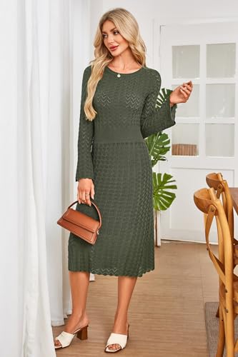 Image of Newshows Women's Hollow Slim Summer Fall Church Work Casual Sweater Dress | Machine Washable Knit Sweater Fabric, Hollow Design, Bell Sleeve, Business Casual, Church Teacher Outfits, Modest Dress