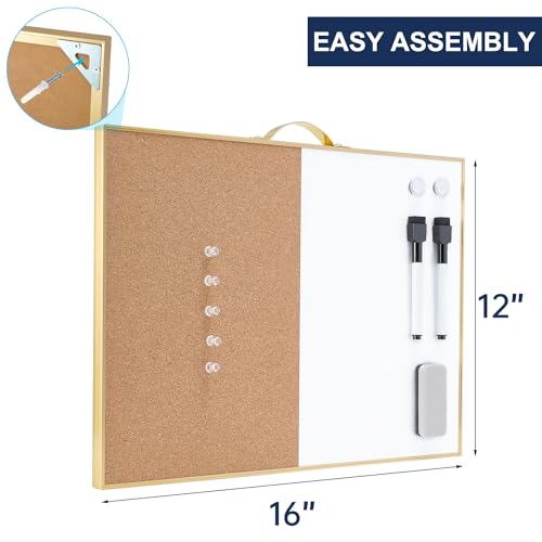 Image of TSJ OFFICE Small Combination Board - 12 inch X 16 inch Portable Aluminum Gold Framed Magnetic Dry Erase Board for Wall, Small Bulletin Cork Board with Holder for Office, Home and School