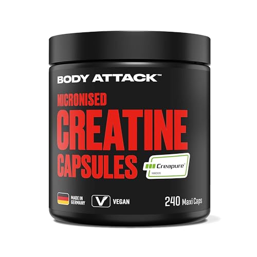 Body Attack Micronised Creatine Kapseln (Creapure®) 240 Caps - hochwertiges Kreatin 100% Made in Germany - hochdosiert für Fitness & Kraftsport, vegan