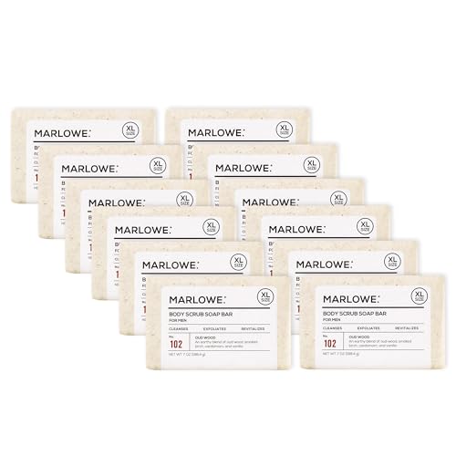 Image of MARLOWE. Body Scrub Soap, Exfoliating Soap Bar, Oud Wood, 7 oz (12 Bars) | Scrub Soap Bar that deeply cleanses and exfoliates while buffing away rough, dry skin. Oud Wood scent.