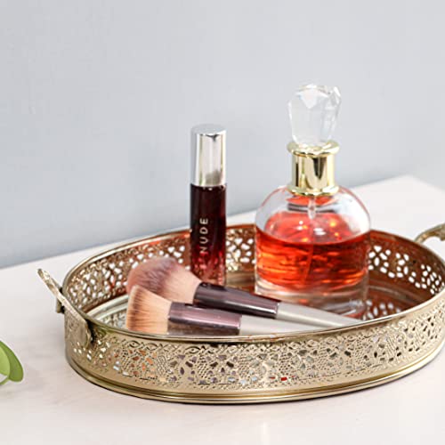 Image of Craft Brio -A TRENDY HANDICRAFTS Oval Glass Mirror Gold Plated Serving Tray with Handmade Handles Decorative Vanity Perfume Storage Pooja Wedding Gifting Trays (28 X 16 cm)