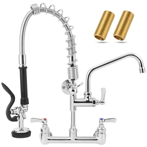 BZIMAK Commercial Sink Faucet - 21' Height Commercial Faucet Wall Mount with Pre-Rinse Sprayer - 8' Adjustable Center and 8' Add-on Swing Spout, Commercial Kitchen Faucet with Pull Down Spray