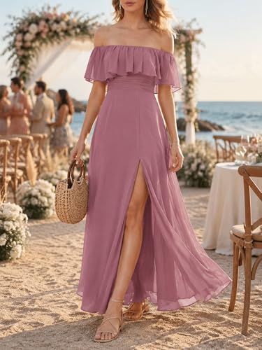 Image of Ever-Pretty Women's Summer Off The Shoulder Flowy Chiffon Formal Wedding Guest Dresses Maxi Side Split Beach Bridesmaid Dress
