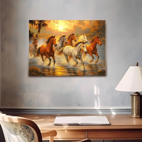 Image of 7 Running Horses Vastu Stretched Canvas Painting For Living Room Seven Horses Vastu Wall Art Painting Symbol of Success, Growth & Positive Energy Wall Art for Home & Office, 22x34 Inch