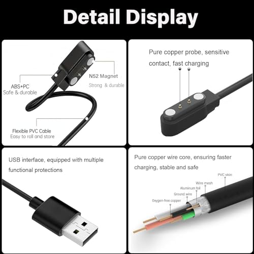 Xininyia 2 Pin Chargers for GloryFit Smart Watch Charger, 4mm Magnetic USB Charging Cable for Smart Watches with The Gloryfit app (Pin spacing 4mm, for T60 T70 T80) - Thumbnail 4