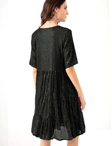Image of Sequin Babydoll Summer Dress,Sparkly Glitter Dress Short Flowy Tiered Tunic Dress for Women Party Club Night