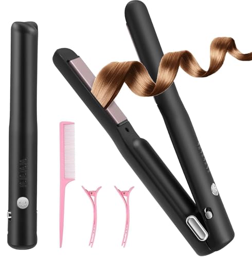 Cordless Hair Straighteners, 2 in 1 Hair Straightener and Curler with 4 Temperature, Mini Portable Wireless Hair Straighteners Curling Iron, Fast Heat Up,USB Rechargeable Travel Straightener for Women