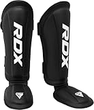 RDX Shin Gear キックボクシング ムエタイ、SATRA SMMAF 承認済み、プレミアム マヤ皮革、脚の甲保護パッド、MMA 格闘技キック スパーリング トレーニング ギア、BJJ 空手ボクシング テコンドー、ブラック