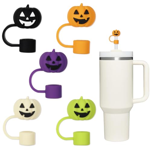 Whaline 5Pcs Halloween Straw Covers Cap Grimace Pumpkin Silicone Reusable Straw Topper Colorful 10mm/0.4In Straw Lids Protectors for 30/40 OZ Tumbler Cups Accessories