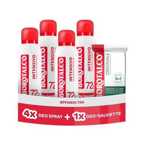 Borotalco, Deodorante Spray Intensivo 4x150ml, Deo-Salviette Originale | Formula con Talco Vegetale per Ipersudorazione, 72h di Efficacia, Salviette Deodoranti con Molecole Anti-Odore