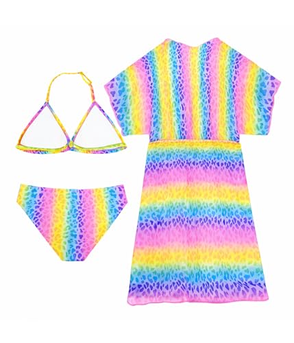 POWER FLOWER Mädchen 3-teiliges Badeanzug-Set, Bikini-Set mit Coverup zum Schwimmen, Zweiteiliger Badeanzug mit Coverup für Mädchen von 4 bis 16 Jahren (10-12 Years, LA725-Rainbow)