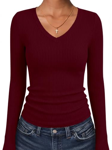 ANRABESS Women's Long Sleeve Shirts V-Neck Ribbed Kint Fall Tops,Burgundy,M