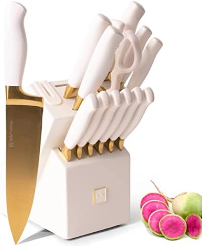 White and Gold Knife Set with Block Self Sharpening - 14 PC Titanium Coated Gold and White Kitchen Knife Set and White Knife Block with Sharpener, White and Gold Kitchen Accessories and Decor