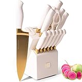 Gold Knife Set with Block Self Sharpening - 14 PC Luxurious Titanium Coated Gold and Off-White Kitchen Knife Set and White Knife Block with Sharpener, White and Gold Kitchen Accessories and Decor