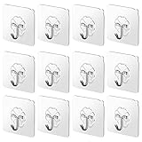 Ninth Five Adhesive Hooks(13.2lb/6kg) Heavy Duty Sticky Wall & Ceiling & Door Hooks Nail Free Clear Reusable Hook for Bathroom and Kitchen No Scratch Waterproof and Oilproof (12 Pack)