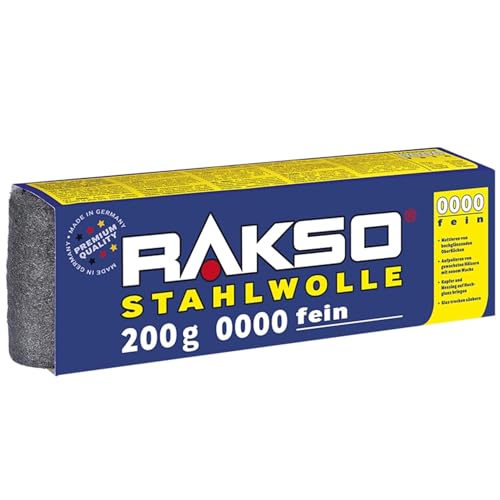 RAKSO Stahlwolle extrafein 0000-200g 1 Banderole poliert gewachstes Holz Kupfer Messing mattiert Oberflächen säubert Glas