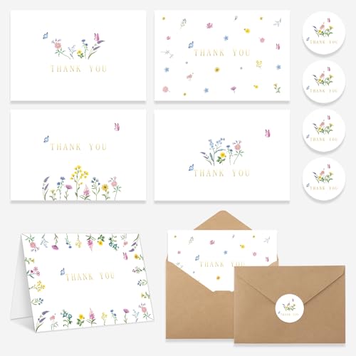50 PACK Beautiful Floral Thank You Cards with Kraft Envelopes and...