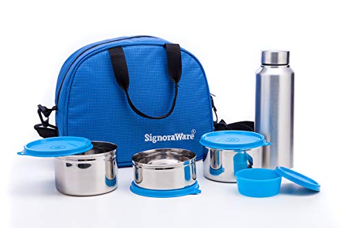 Signora Ware Sling Stainless Steel Lunch Box with Steel Bottle, Set of 5, (Blue), 750 ml