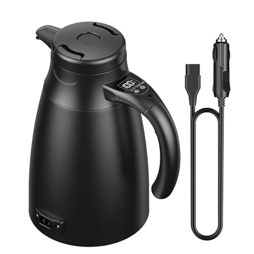 12V/24V Reise Wasserkocher Auto 1 2 Liter Edelstahl Elektrischer Mobiler Reisewasserkocher mit Zigarettenanzünder Bis zu 100 mit LCD-Anzeige für Heißwasser Kaffee Tee Auto LKW KFZ Camping