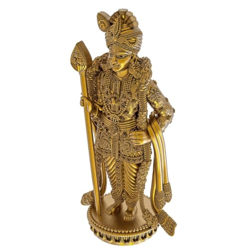 Image of SHILP ART & CREATIONS Pagdhi Murgan Brass Idol Golden Finish Decorative Statue Round Base Detailed Carving Standing Murugan Sculpture Home Temple Decor (Golden, 3 inch,72 gram)