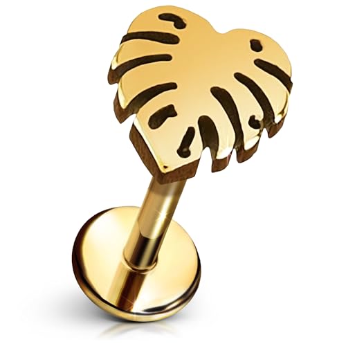 Monstera Leaf Flat Back Stud – Single Gold Plated Titanium Earring, Push Pin Design for Sensitive Ears — (Single Earring)
