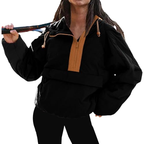 Womens Oversized Puffer Pullover Jacket Half Zip Puffer Coat Lightweight Quilted Hoodie with Drawstring2