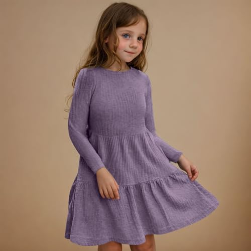 JOAU Girls Long Sleeve Dress with Pockets 2025 Ribbed Knit Casual Crew Neck Knee Length Sweater Dresses Tiered Ruffle Dress2