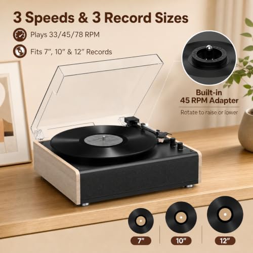 Image of Bluetooth Vinyl Record Player with Built-in Stereo Speakers, 3-Speed Belt-Drive Turntable for 7 /10 /12 Inch Vinyl Records, Magnetic Cartridge, RCA Out, AUX in, Headphone Jack, Vintage White Phonograph