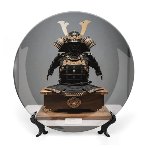 FekiLoot Black Samurai Armor Decorative Plates Bone China Plates with Stand for Display 8inch Round Ceramic Dinner Plates Dessert Plate for Kitchen Party Coffee Table Decor Art