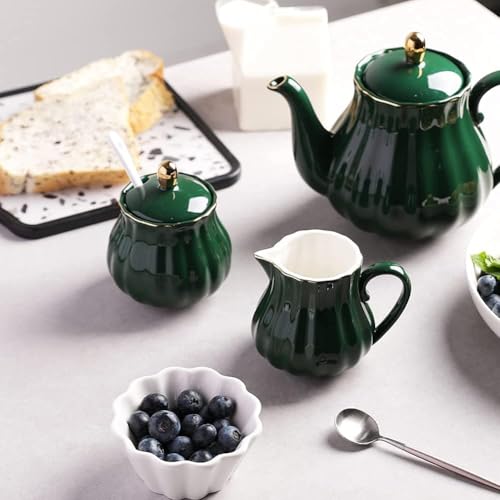 Elegant Sweejar Ceramic Sugar and Milk Jug Set - 3 Pieces with Milk Jug, Sugar Bowl with Lid and Spoon - Perfect for Weddings and Coffee Service (Dark Green) - Image 2