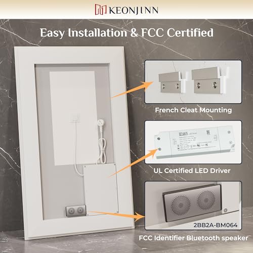 Keonjinn 24" x 30" Lighted Mirrors for Bathroom Wall with Bluetooth Speaker, Frontlit & Backlit LED Bathroom Mirror, Bluetooth Mirror Bathrooms with Dimmable 3-Color Lights, Tempered Glass, Anti-Fog by Keonjinn - Image 8