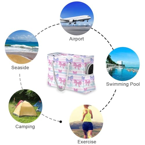 Colorful Bows Beach Bag & Travel Tote Bag Large Sandproof with Zipper Closure, Wet Pouch for Swim Gym Travel, Lightweight Foldable Outdoor Bag4