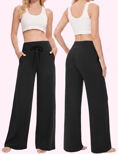 Image of Showitty 1 /3 Pack Women's Wide Leg Pants with Pockets, Casual Loose Pajama Palazzo Trousers Sweatpants for Yoga Lounge