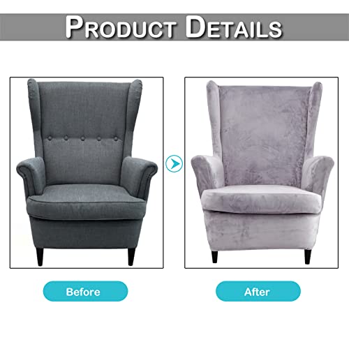 Wing Back Slipcover Velvet Chair Cover,Plush Chair Covers Armchair,Furniture Covers Protector for Living Room Bedroom Decoration (Velvet Light Gray) - Image 4