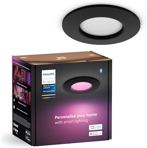 Philips Hue Smart Slim Luce da incasso, 90 mm, Luce Bianca e Colorata, 700 lm, Compatibile Bluetooth, controllo vocale con Alexa, Apple Home e Google Assistant, nero