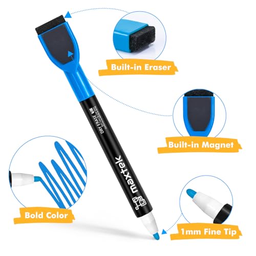 Image of maxtek Magnetic Dry Erase Markers with Eraser - 12 Count Colorful Fine Tip Whiteboard Markers for Kids, Low Odor Whiteboard Markers for Calendar Boards White Board