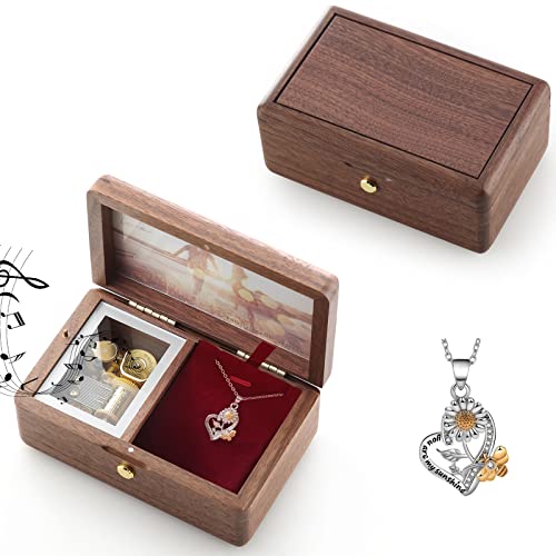 JYmusic Natural Walnut Wood Music Box, Long Photo Frame & Jewelry Storage Box, Wind-up Musical Gift for Birthday, Anniversary, Christmas（Tune: You are my Sunshine）
