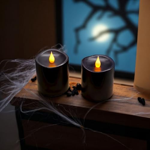 Image of Black Flameless LED Candles 3 inch Diameter Real Wax 2AA Battery Operated 600hr+ Flickering Candles with Timer Remote Control for Halloween Thanksgiving Christmas Indoor (Black, 3″x3″- 2 PCS)