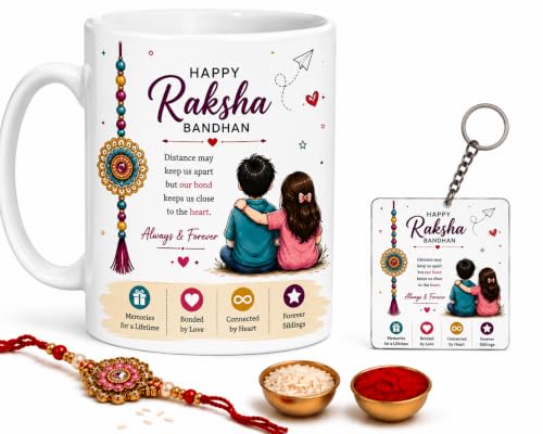 Image of Bhai Behan Celebration Mug Set | Ceramic Mug, Rakhi, Square Keychain, Roli & Chawal