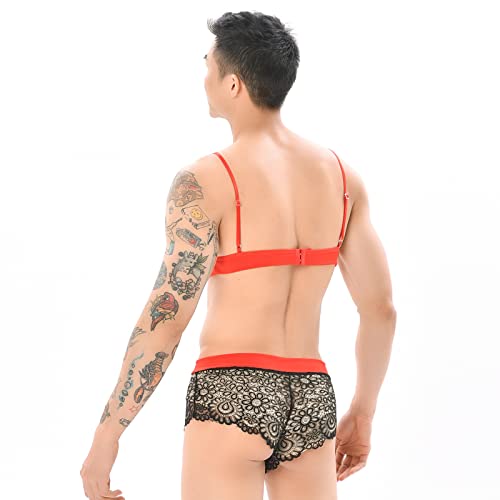 FreeNFond Men's Lingerie Sissy Lace Bra Panties Set with Bowknots Stockings 3Pcs Crossdressers Nightwear4