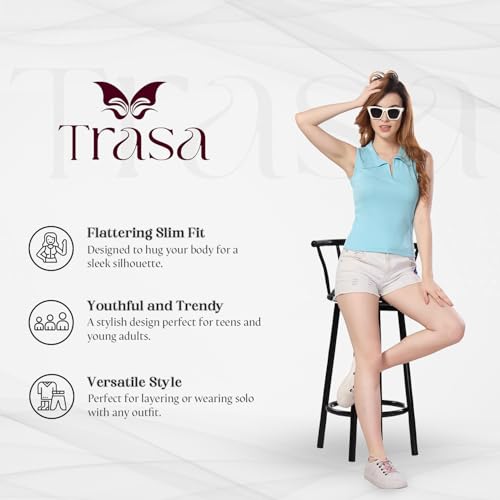 Image of TRASA Women's Sleeveless Rib Knitted Cotton Racer Back Tank Tops Collared Neck Crop Tank Tops - Available Sizes -XS, S, M,L,XL,2XL