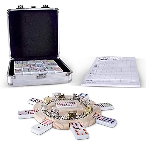 RNK Gaming Mexican Train Dominoes Set Double 12 Color Dots with Wooden Hub 8 Metal Trains and Aluminum Case Cover