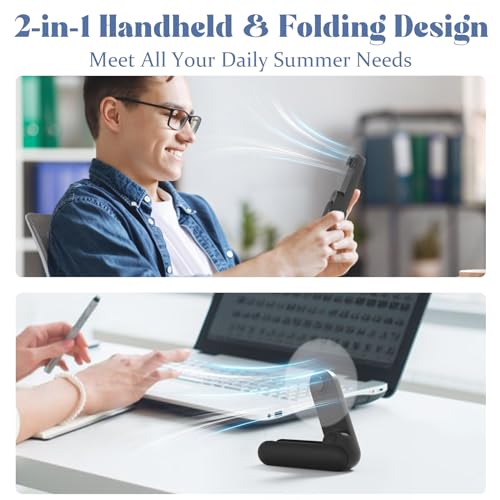 Portable Handheld Fan, 2 IN 1 Mini Hand Fan, Battery Operated [8-15 Working Hours], USB Rechargeable Personal Foldable Fan for Indoor, Small Pocket Fans Travel Essentials for Outdoor (Black) - Thumbnail 2