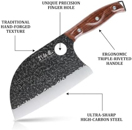 3PCS Butcher Knife Set, 7" Butcher Meat Cleaver, 7" Serbian Chef Knife and 6.5" Viking Knife, Hand Forged Kitchen Knife Set with Plastic Handle, Geat for Home, Camping, BBQ (Unique Finger Hole Design) - 2